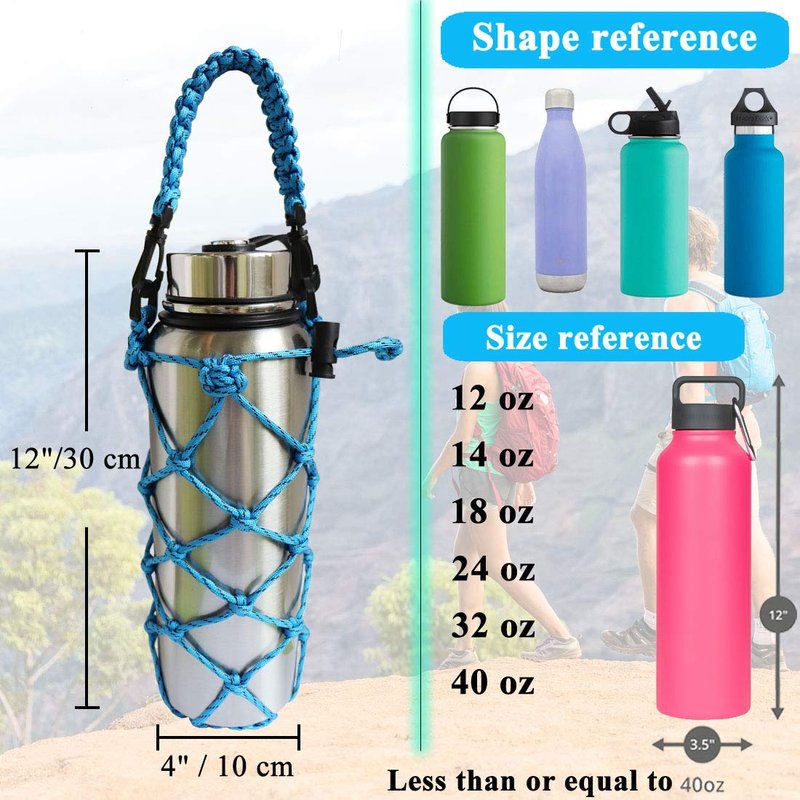 VSPORTS Paracord Water Bottle Trumble Carrier Sleeve Mesh Net Pouch Bag Sling with Handle for Carrying 18 24 32 40 oz Hydro Flask Stainless Steel Plastic Tumbler for Hiking Outdoor Sports - 2 Pack