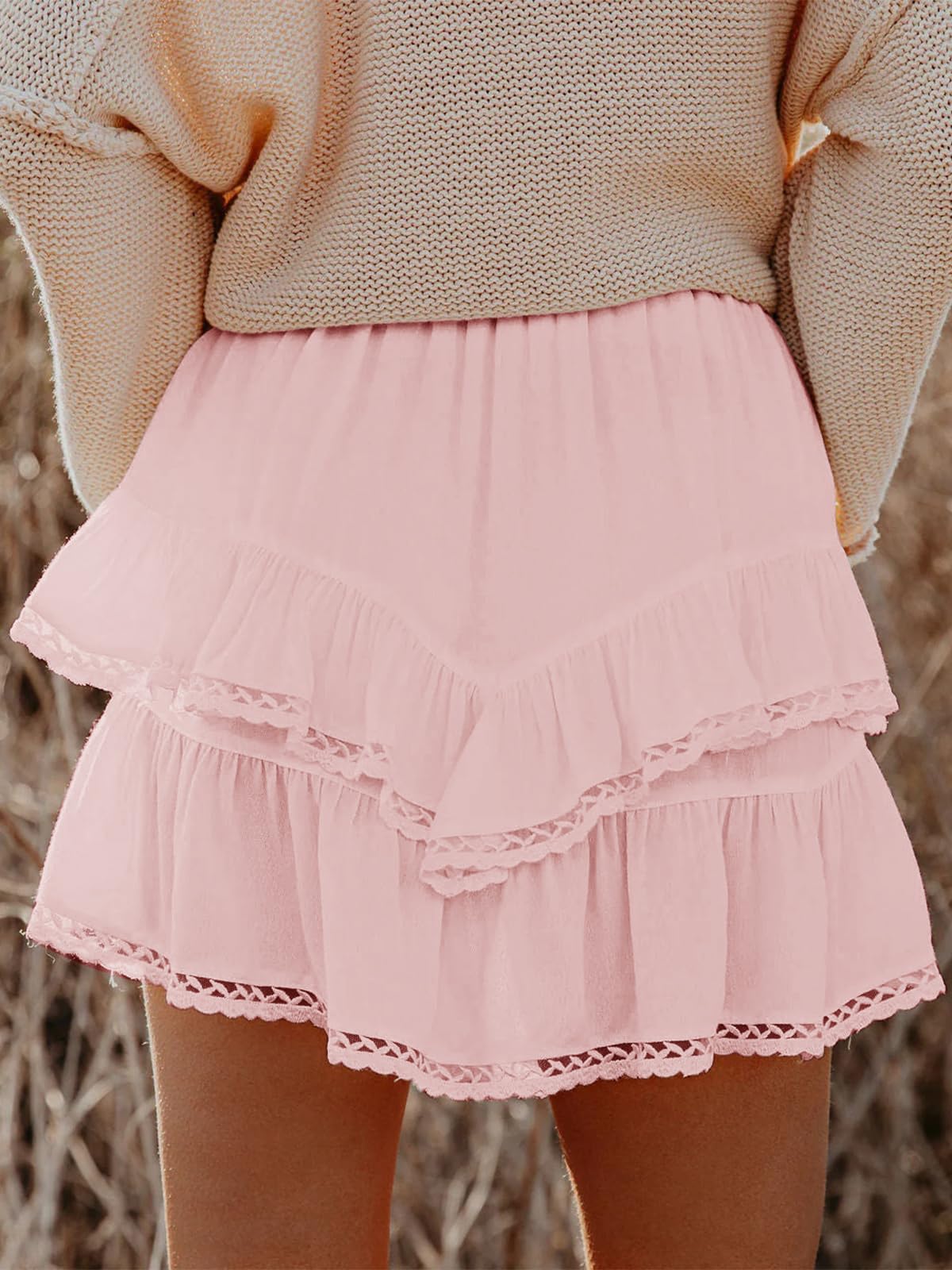 Aoudery Flowy Shorts for Women Casual Boho Ruffle Tiered Skorts High Waist Mini Skirts Golf Tennis Butterfly Crochet Shorts - All Peach S