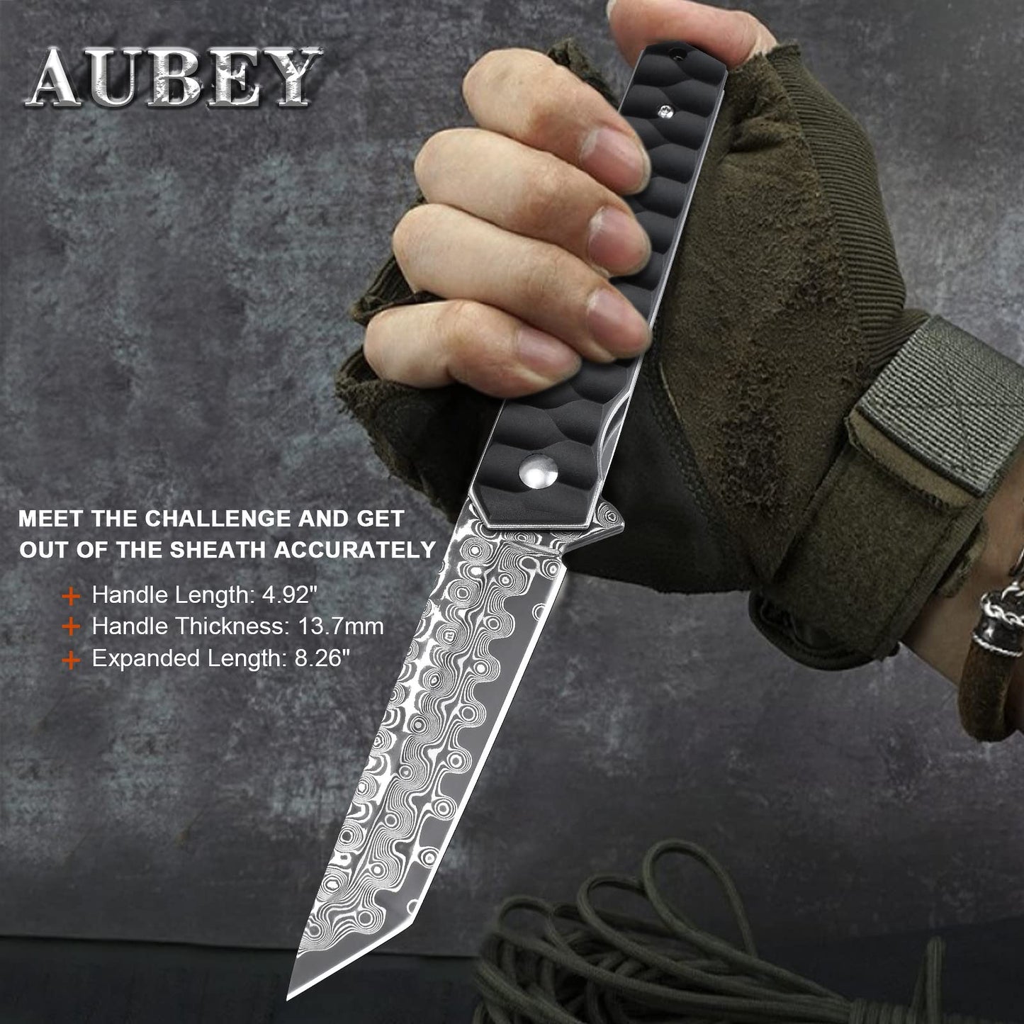 AUBEY Damascus Pocket Knife with Clip for Men Women- Tanto Blade Damascus Steel Folding Knives with Ball Bearing, Aluminum Non-Slip Handle and Glass Breaker, EDC Damascus Knife for Camping & Gift (Black)