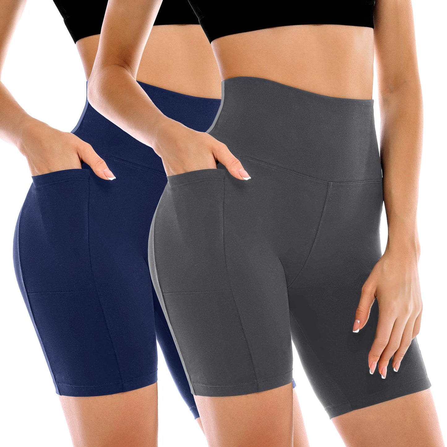 Leafigure 2 Pack Womens Biker Shorts with Pockets 6" Grey/Navy XXL