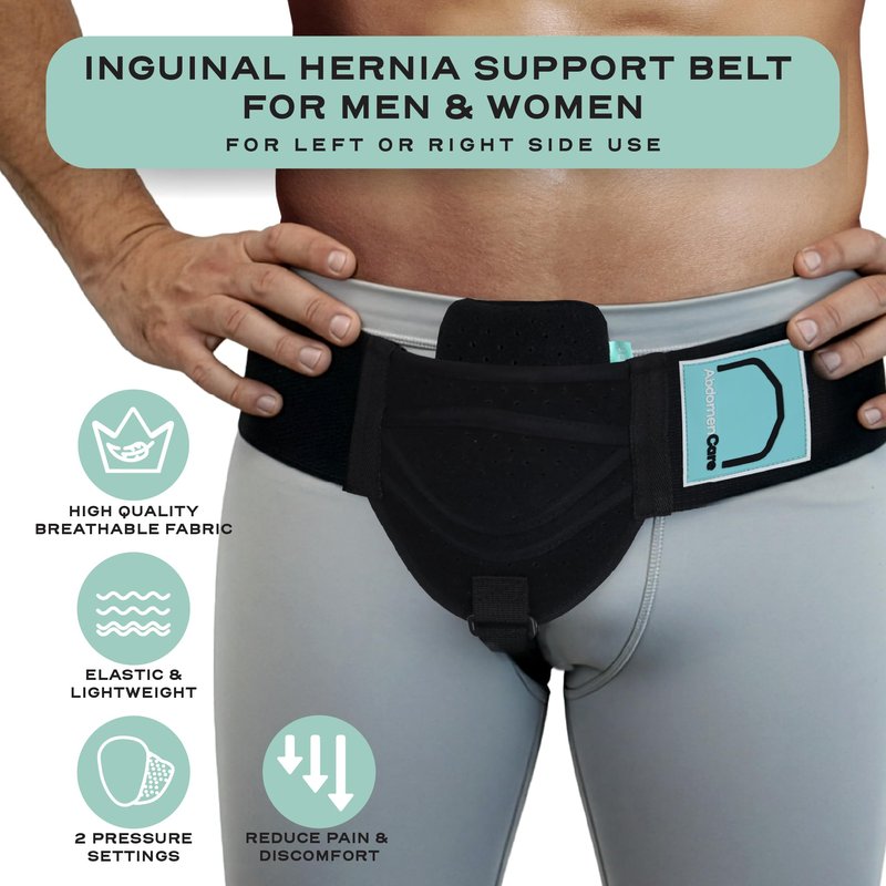 Abdomencare Inguinal Hernia Support Belt for Men & Women with 2 Compression Pads - Hernia Belt for Men Inguinal - For Left or Right Side Inguinal Hernias - Hernia Belts for Men Truss Support - S/M