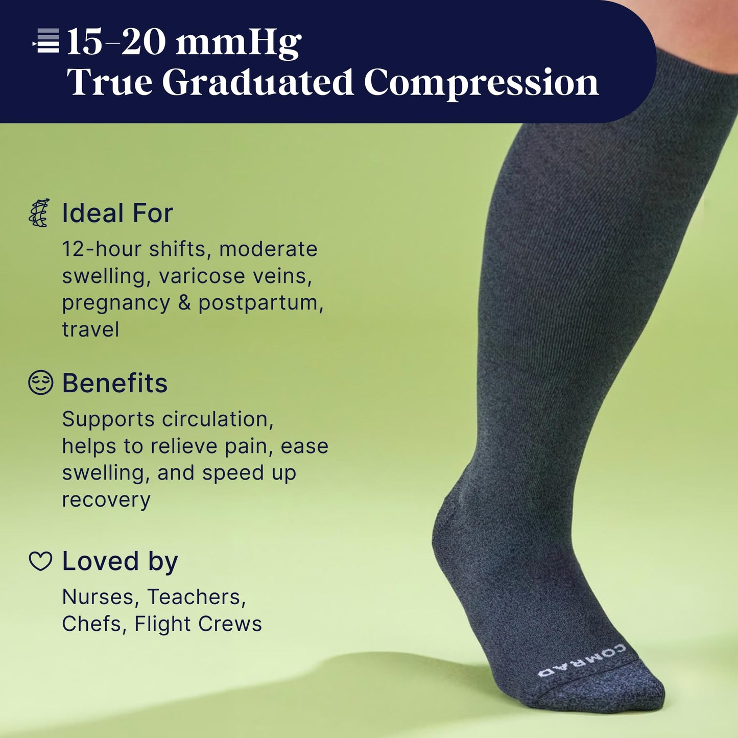 Comrad 3-Pack Knee-High Compression Socks for Multipurpose Wear (Solid Black, Extra Large) - Premium Nylon Support Socks are Thin & Breathable for Pregnancy, Nurses, & Athletes - Men & Women