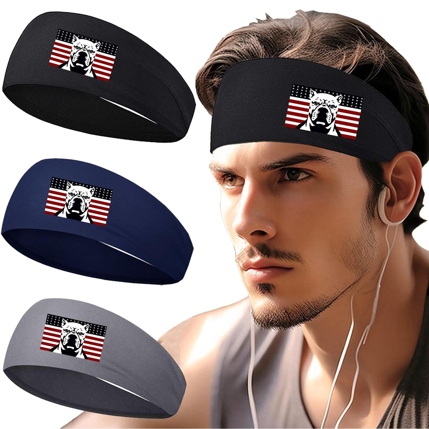 Headbands for Men Women 3pcs Sports Sweat Bands Headbands Men American Flag Sweatbands Workout Running Headband for Mens Moisture Wicking Stretchy Cooling Hairband Head Bands for Tennis Football Gym