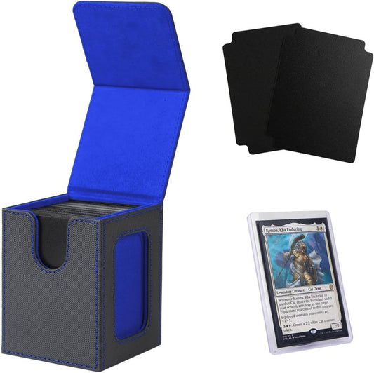 MTG Deck Box for Commander | Holds 100 Double Sleeved Cards - Black/Blue with Dividers & Toploader