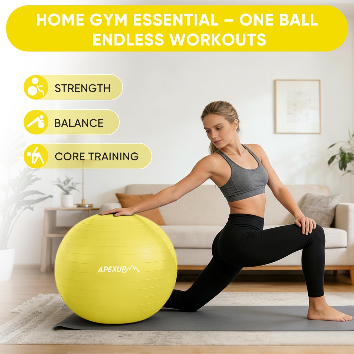 APEXUP Yoga Ball, 660 lbs Anti-Burst Exercise Ball with Pump, 5 Sizes (XXL(31"~34") 85cm, Yellow)