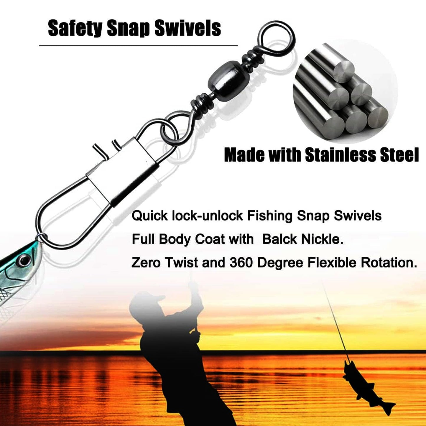 ENERHIKE Fishing Barrel Swivel with Safety Sanp, 50pcs Stainless Steel Fishing Snap Swivel Saltwater High Strength Interlock Sanp Swivel Freshwater Lure Line Connector #1/0