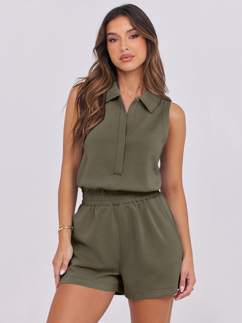 ANRABESS Romper for Womens 2025 Summer Dressy Casual Sleeveless V Neck One Piece Short Jumpsuit Lounge Travel Outfits Clothes Army Green Medium