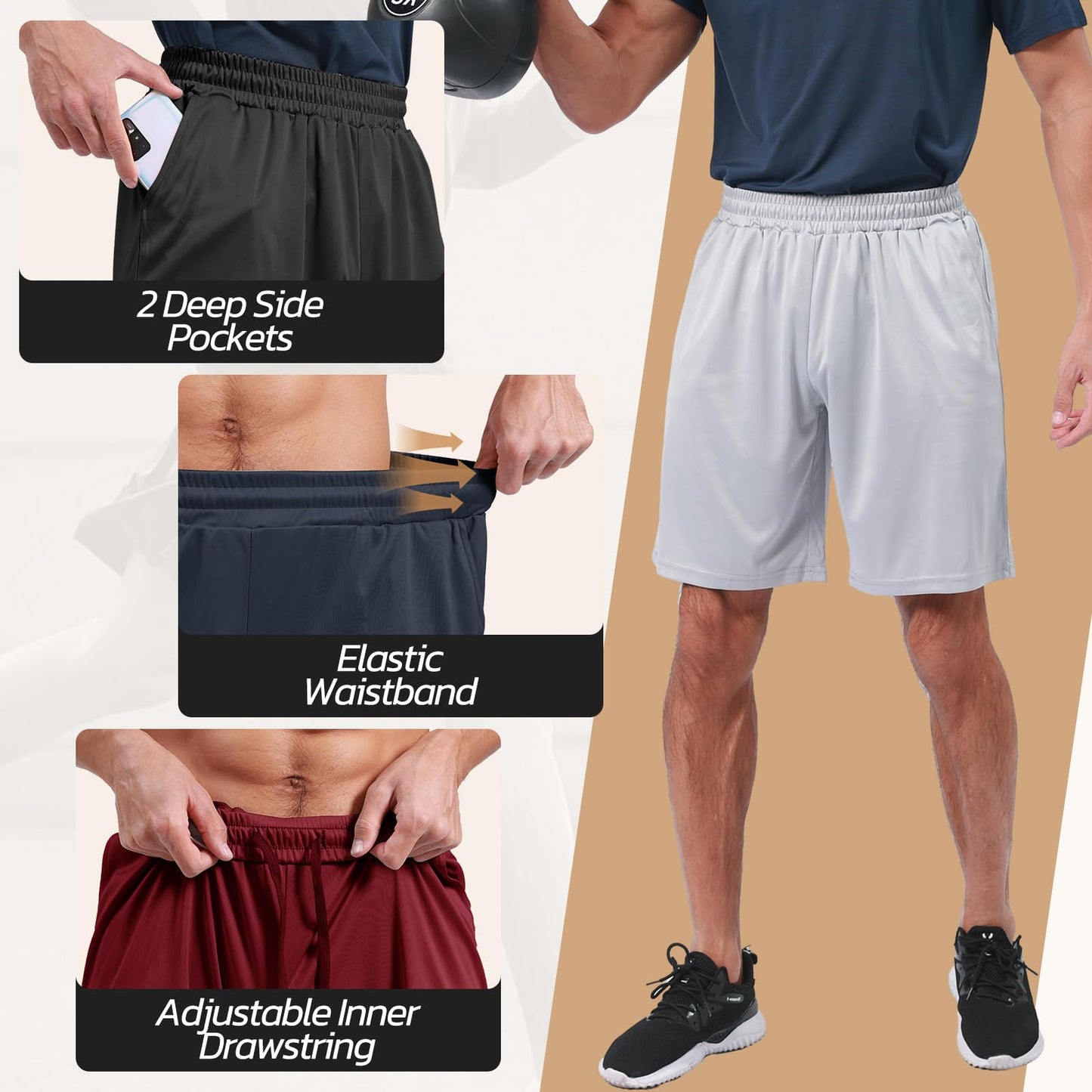 BOOJO 3 Pack Gym Basketball Mens Shorts - Quick Dry Black Workout Athletic Shorts with Pockets for Casual Running(S-6XL)