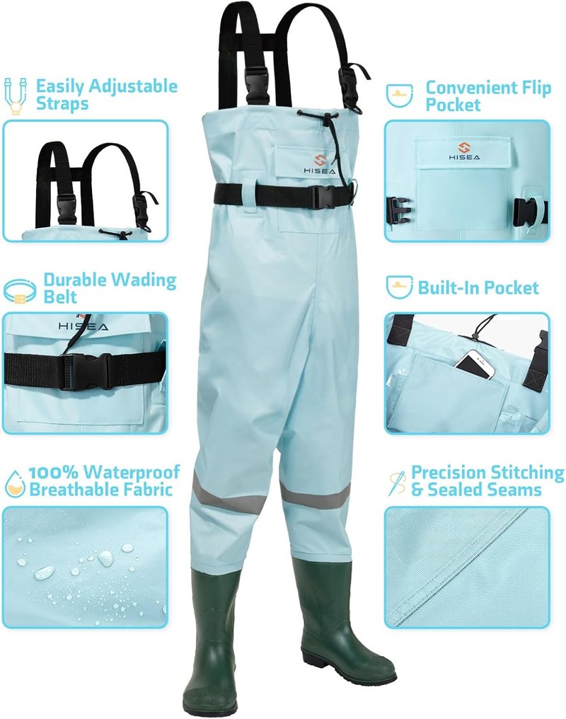 Kids Chest Waders - Youth Waterproof Fishing Waders with Boots | PVC Material, Reflective Safety Band