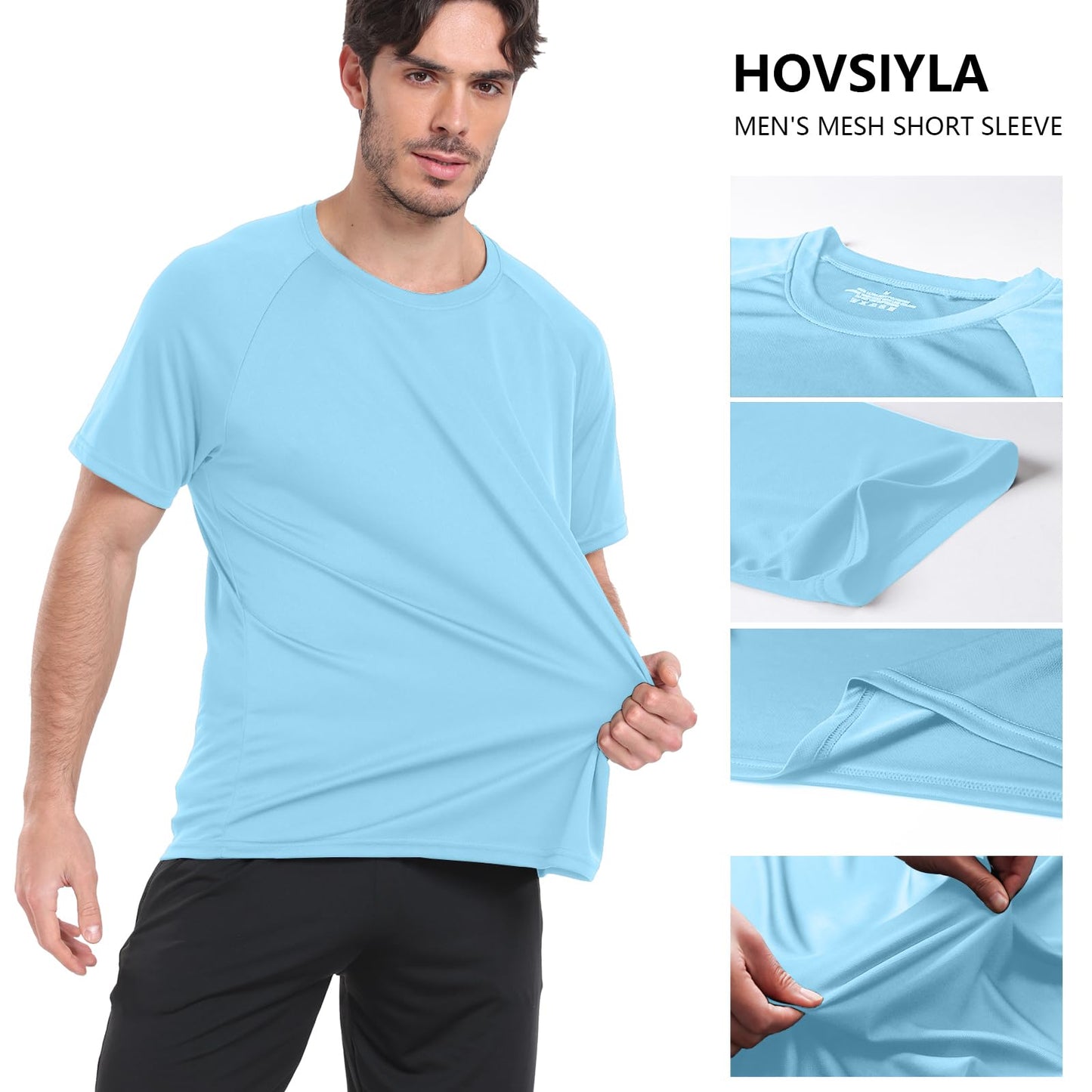 HovSiyla 5 Pack Running Shirts Men Sport Tops Dry Fit Gym Wicking Athletic T Shirts Breathable Cool Workout Shirts Black White Purple Almond Haze-Blue Mdeium