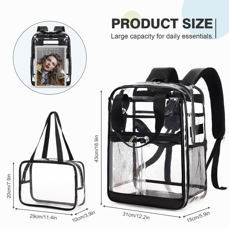 2PCS Clear Backpack for Women Men Girls Boys, Heavy Duty Clear Backpack with Clear Tote Bag for Stadium Events, See Through Backpack, Large Transparent Backpack Clear Bookbag for Concert Work Travel