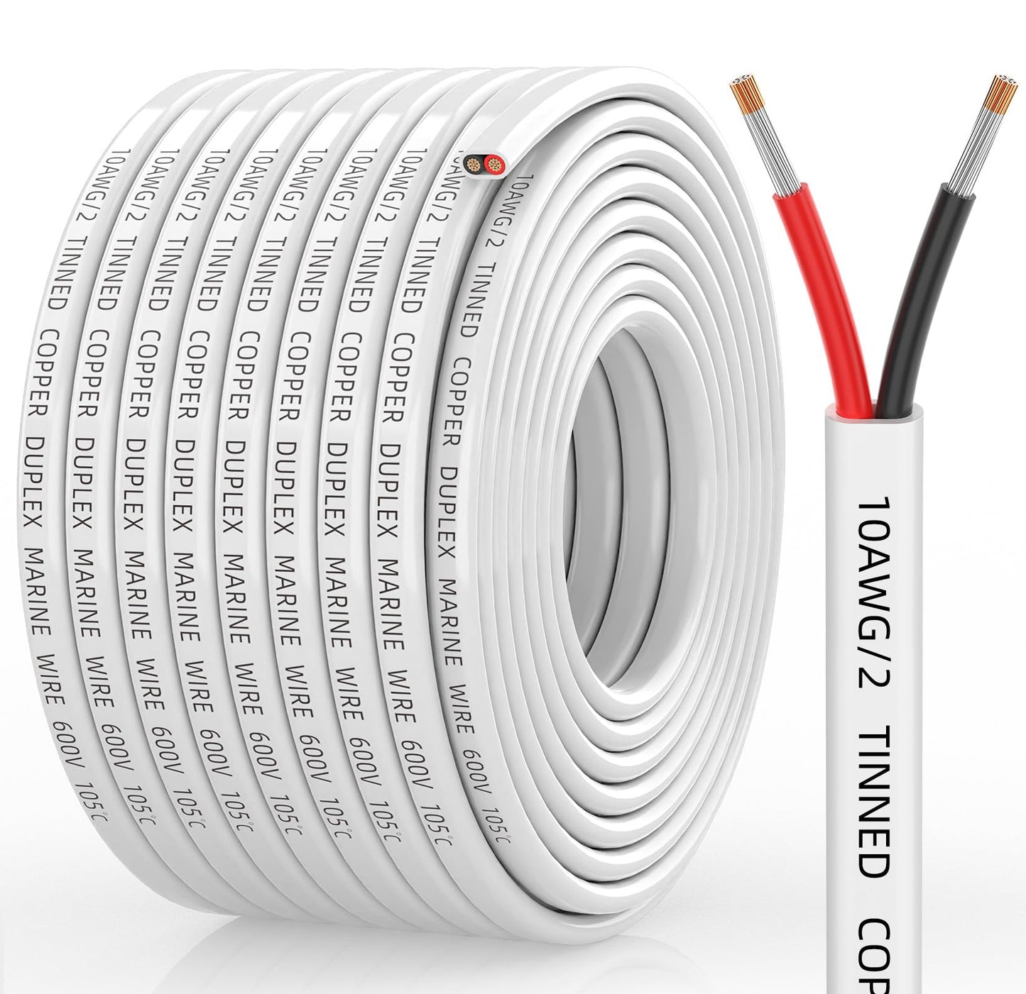 CONEPY 10 Gauge Marine Wire, 10/2 Duplex Marine Grade Cable, IP68 Waterproof/Oxygen-Free Tinned Copper Stranded PVC 10 AWG Wire for Boat, Automotive, RV, Solar, LED Strips (50FT)
