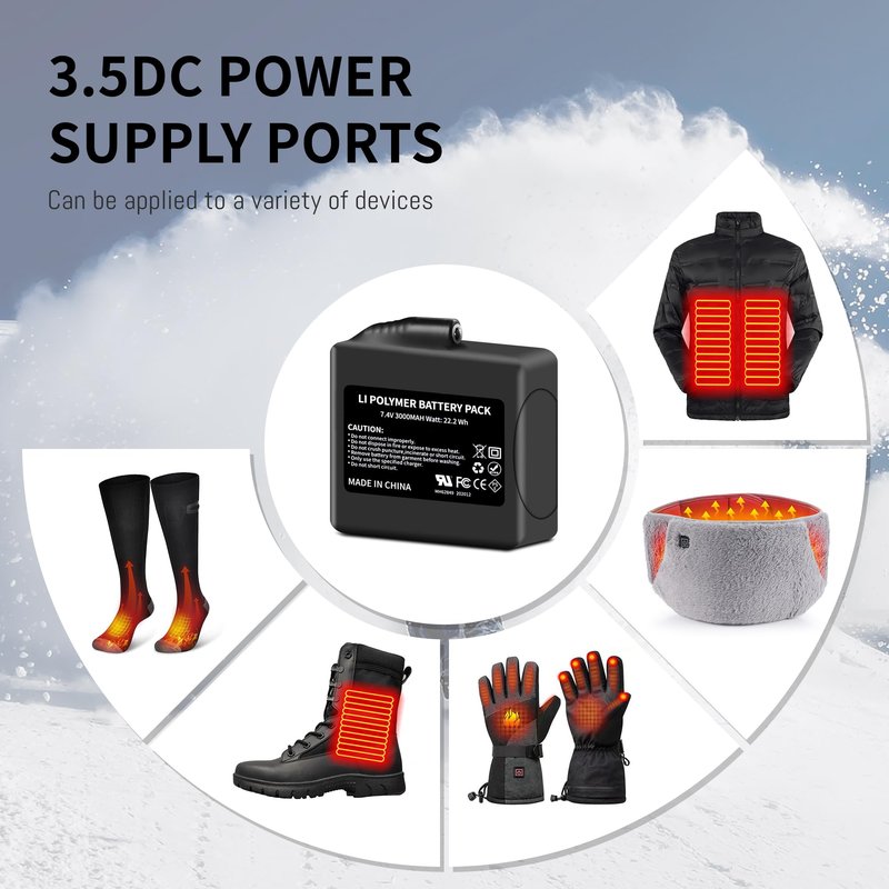 2Pack 3000mAh Lithium-ion Battery Pack for Heated Gloves, Socks, Hats, Mittens, Vest, Jacket, Hand Muff, Boots, Hat, Knee Braces Suit battery Pack Upgraded Version 7.4V 3000mAh Battery Rechargeable