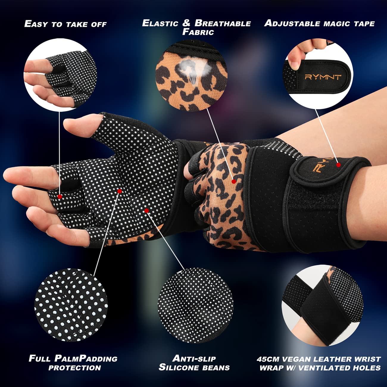 RYMNT Workout Gloves with Weight Lifting Wrist Wrap,Vented Cushioned Palm & Extra Grip for Men Women Gym,Weightlifting,Fitness Training,Fitness,Exercise,WODs,Pullups.Leopard-Medium