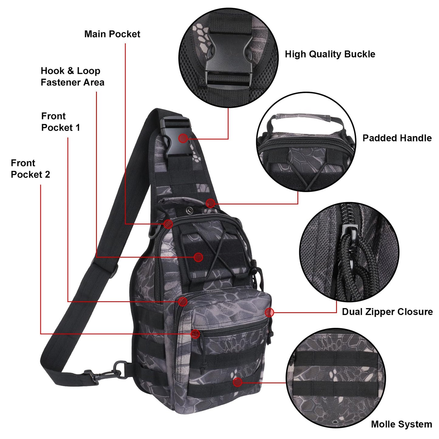 Qcute Tactical Backpack, Waterproof Military Cross-body Molle Sling Shoulder Backpack Chest Bag for Outdoor Every Day Carry (Pythons Grain Black)