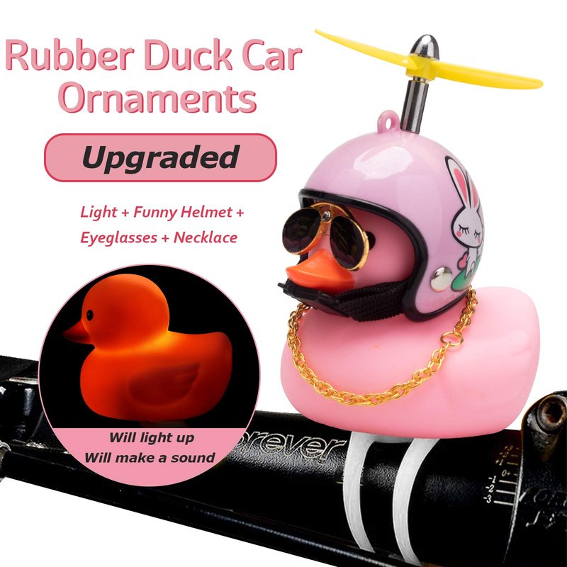 wonuu Rubber Duck Car Ornaments Pink Duck Bike Bell Cute Duck Car Dashboard Decorations Squeeze Duck Bicycle Horns with Propeller Helmet, Bandage and Gold Chain
