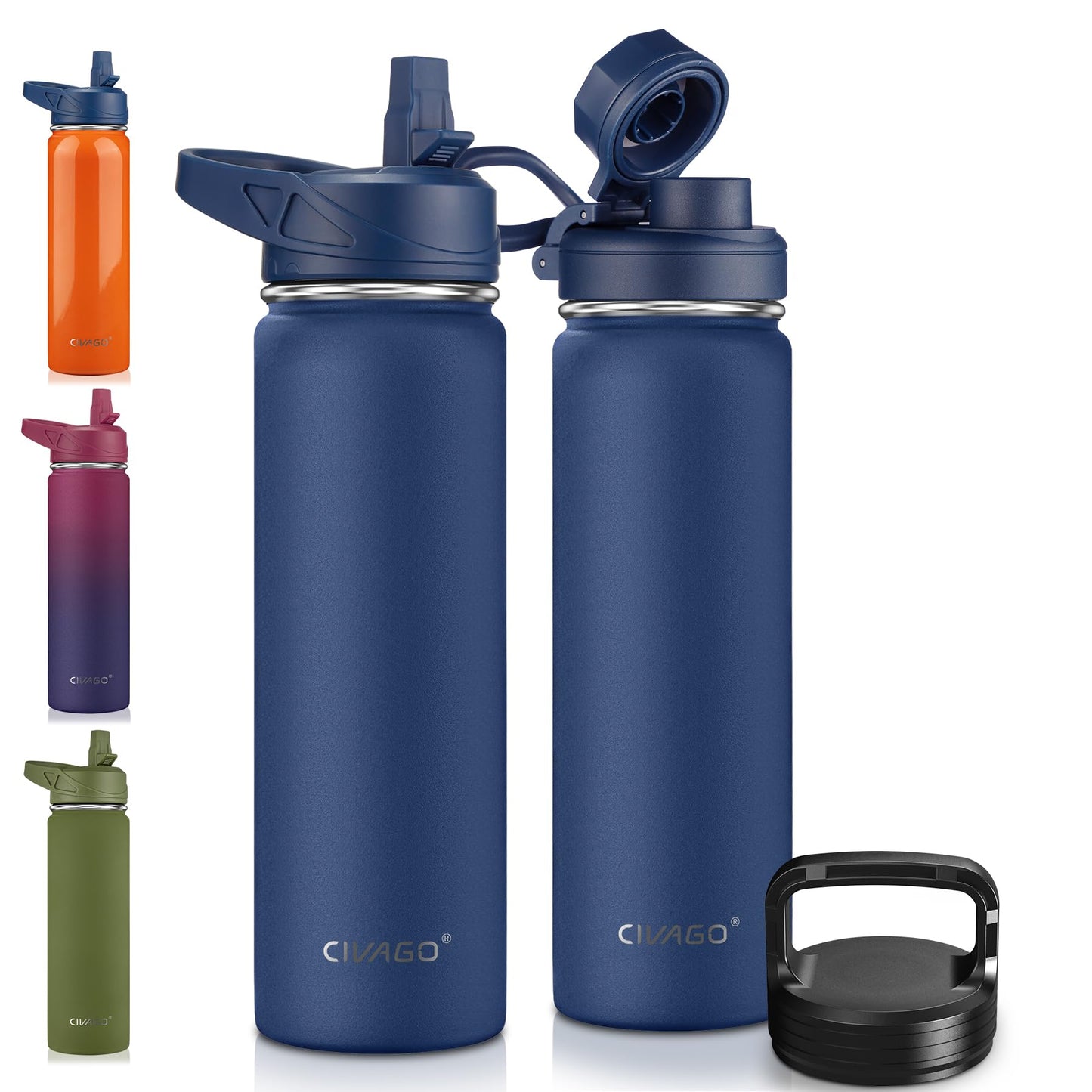 CIVAGO 22 oz Insulated Water Bottle With Straw, Stainless Steel Sports Water Flask Cup with 3 Lids (Straw, Portable Spout and Handle Lid), Double Walled Travel Thermal Canteen Mug, Navy Blue