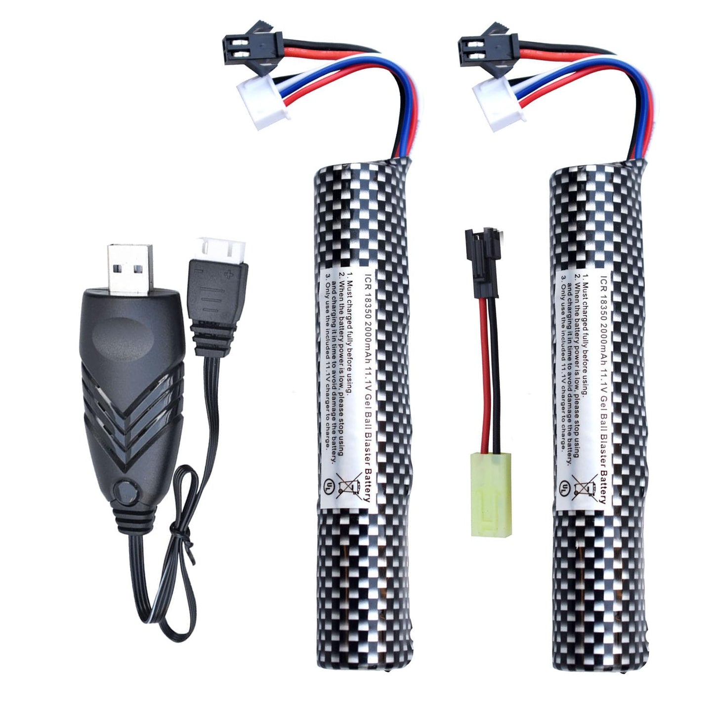 PTIJPOW Airsoft Gel Blaster Battery-11.1V 2000mAh Gel Blaster Battery with USB Charger,Rechargeable Water Bead Splatter Ball Batteries with Mini Tamiya to SM2P Charger Cable (2Pack)