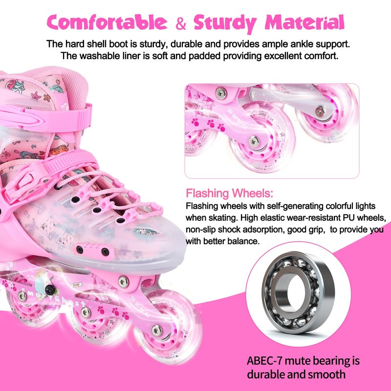 VEZLOPUS Inline Skates, Adjustable Children Inline Skates with Light up Wheels for Kids, Girls, Boys, Teens, Beginner & Advance | with Protective Gears and Carry Bag (Pink)