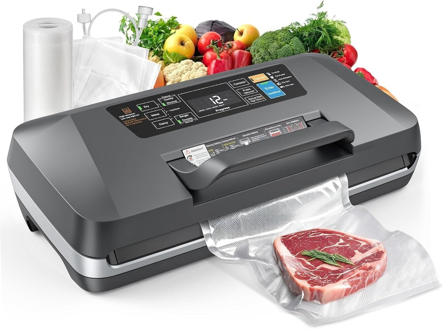 95kpa Vacuum Sealer, Commercial Fully Automatic Food Sealer, Powerful Sealing System, Double Heat Seal, Built-in Cutter and Bag Storage, 1 Roll Bag and 10 Precut Bags