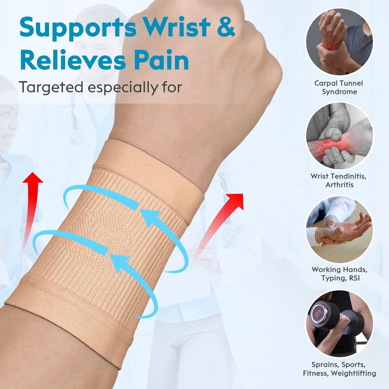 KEKING® Compression Wrist Sleeves for Women Men, 1 Pair, Premium Wrist Support Bands for Carpal Tunnel, Improve Circulation & Recovery, Tendonitis, Tennis, Sports - Wrist Brace Wrist Wraps, Beige M