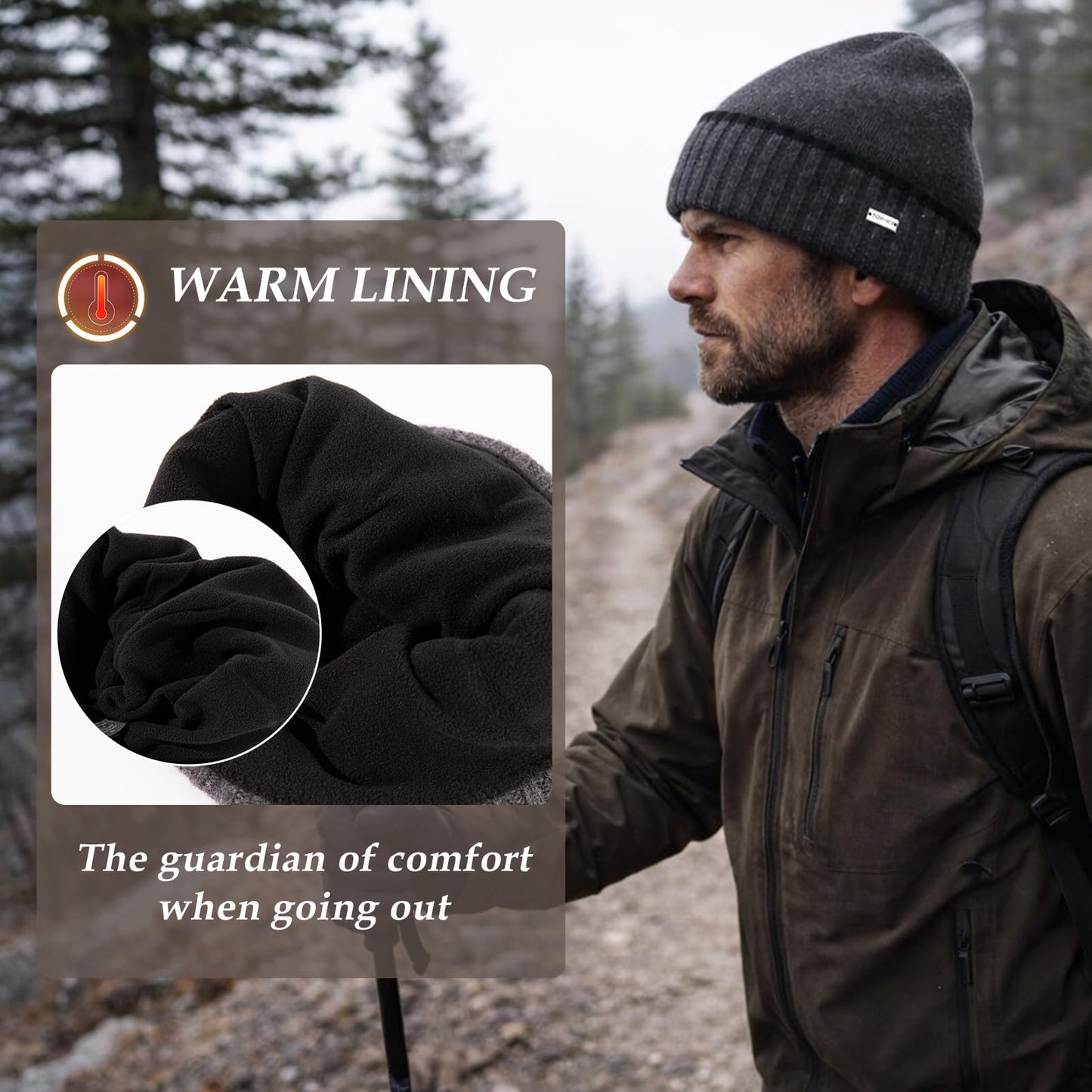 TOP-EX XL/XXL Men's Merino Wool Winter Beanie Cold Weather Knit Hat with Fleece Lining for Men Skull Cap Big Head Oversize Black