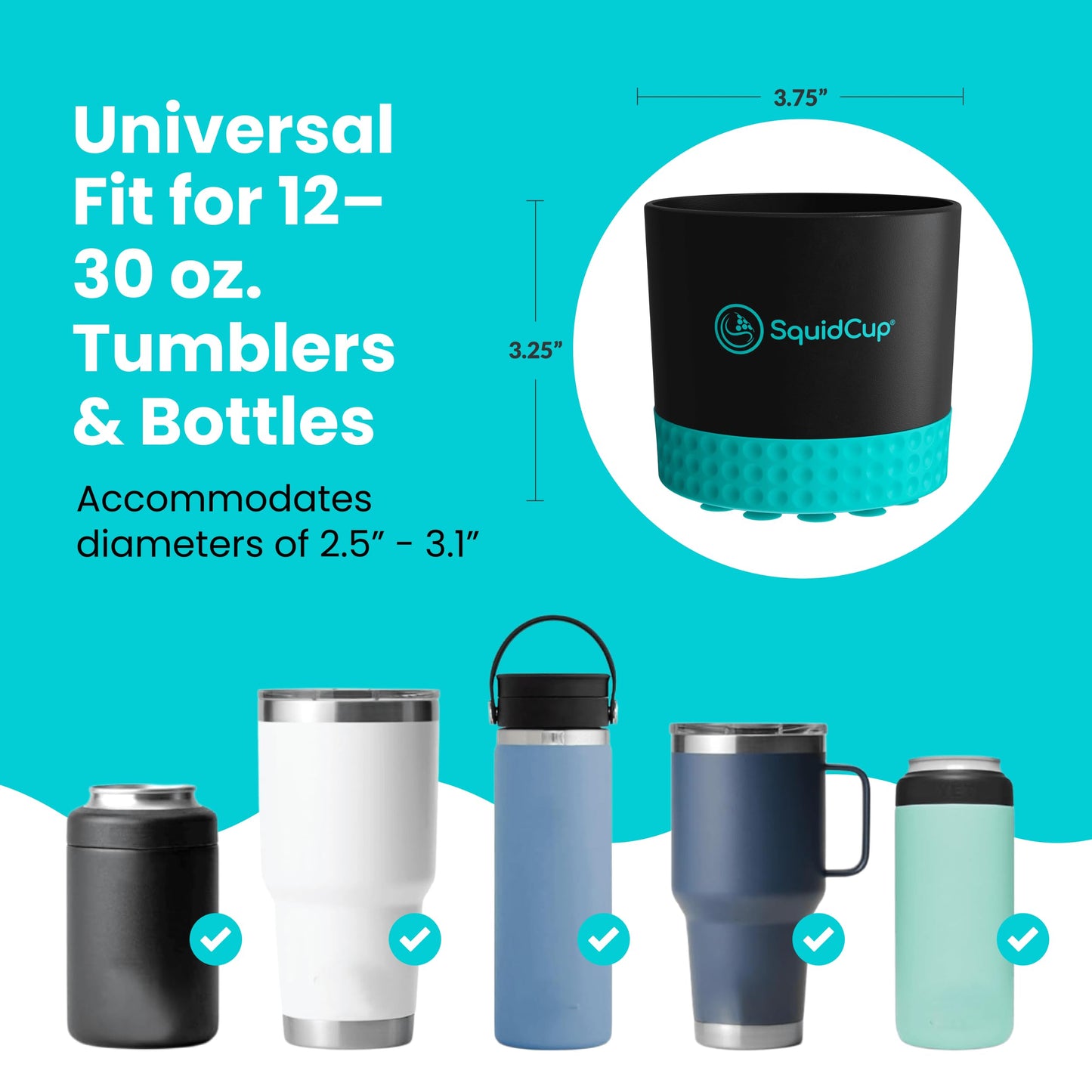 SquidCup Non-Tipping, Anti-Spill Cup Holder for Boats, Kayaks, SUPs, RVs, Fishing & Camping | Universal 12–30 oz Fit | BPA-Free, Optional SquidDisk Mount Included for Textured Surfaces (Black/Teal)