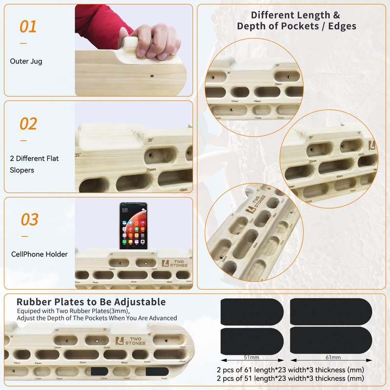 TWO STONES Rock Climbing Hangboard Rock Climbing Pull Up Bar with Phone Holder