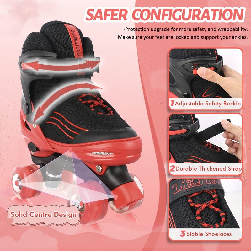 LEJIJIT Roller Skates for Kids Boys Girls Toddler Ages 3-12, Adjustable 4 Sizes for Kids and Youth Teen with Light Up Wheels, Quad Red Roller Skates for Sports (Big Kid 1Y-4Y)