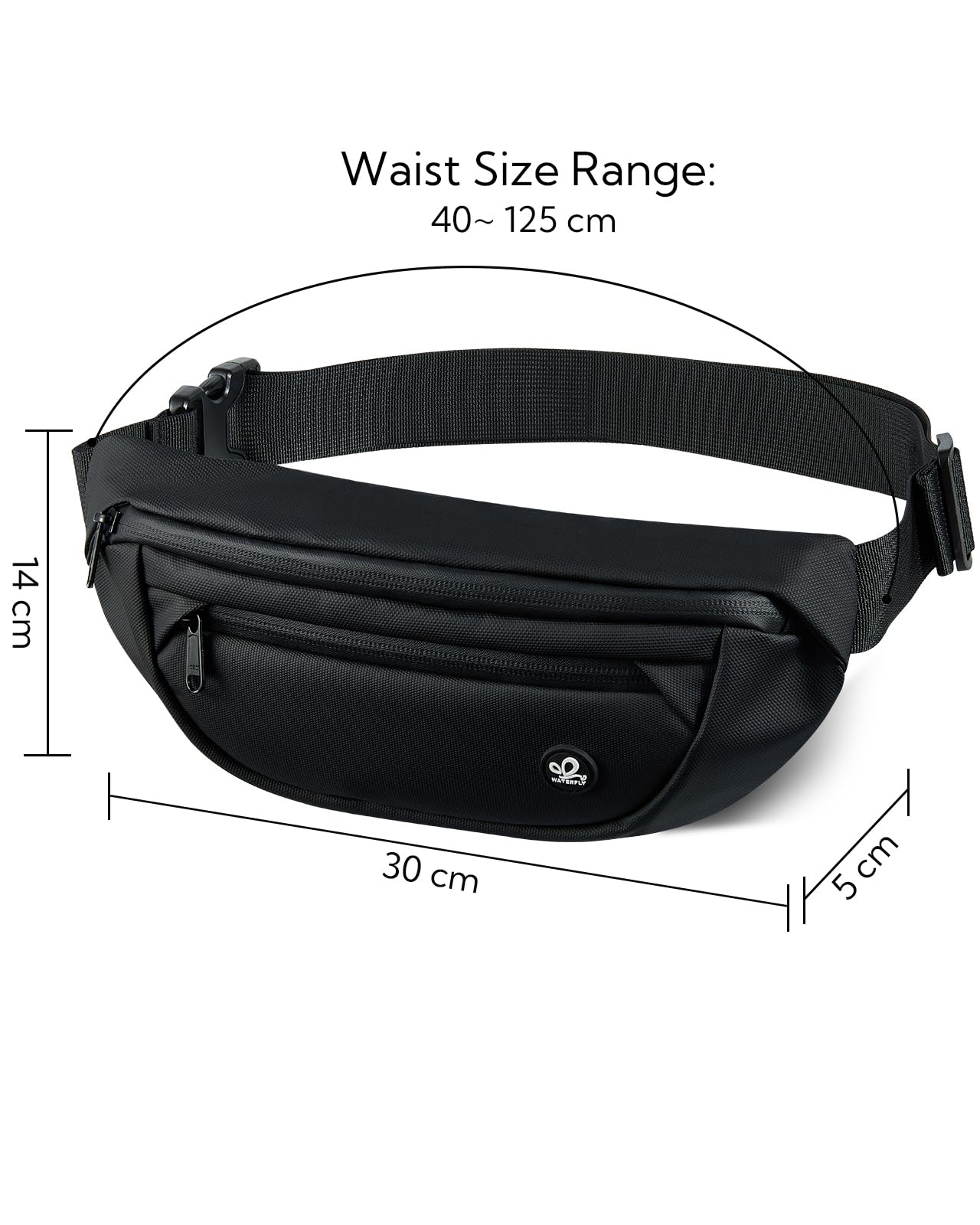 WATERFLY Hiking Waterproof Waist Bag: Small Sports Travel Running Fashion Casual Bum Bag for Women Men Black