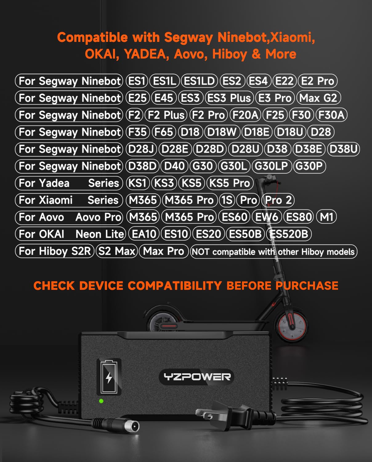 42V 5A Scooter Charger for Segway Ninebot, Compatible with MAX G2 G30LP E2 Pro F65 F40 F30 D28 D40 ES2 ES4 E22 E45, Replacement Power Adapter for 36V Lithium Battery, RCA Round Charging Port