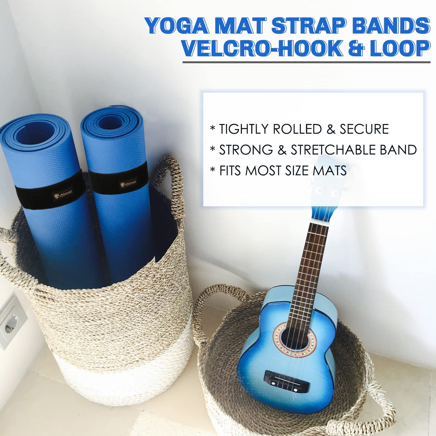 Aolamegs 23x2 Elastic Yoga Mat Strap - 4 Pack Hook and Loop High Stretchable Wrapper Straps 2 Inch Wide, Heavy Duty Bungee Straps, Wrap Organizer for Yoga/Workout/Exercise/Fitness/Pilates Mat Storage