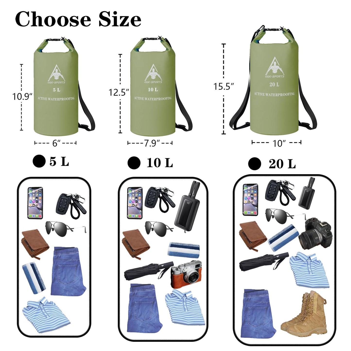 Oak-Sports Dry Bag Waterproof Backpack 5L/10L/20L, Roll Top Lightweight Beach Bag with Double Zipper Seal for Swimming, Kayaking, Hiking, Boating, Adjustable Shoulder Strap (Green, 5L)