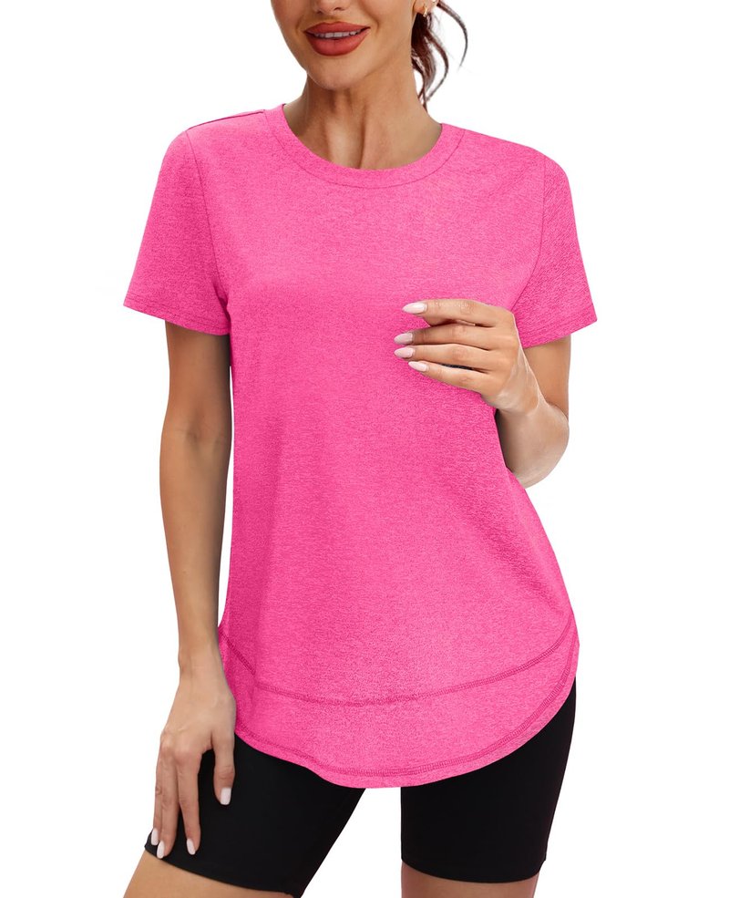Workout Tops for Women Spring Summer Short Sleeve Golf Outfits Gym Essentials Activewear Running Shirts Hot Pink S