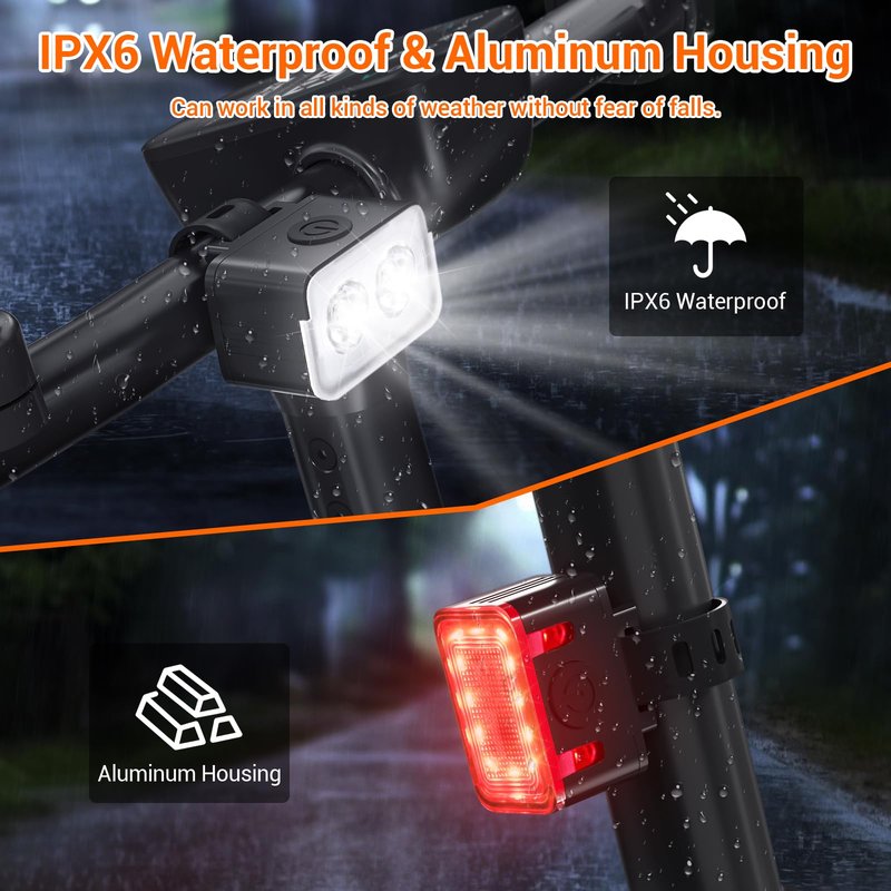RIDWIND Bike Lights Set Rechargeable, 300 Lumen Bicycle Front and Rear Light, USB Bike Lights for Night Riding, 5+6 Modes, IPX6 Waterproof Cycling Safety Lights