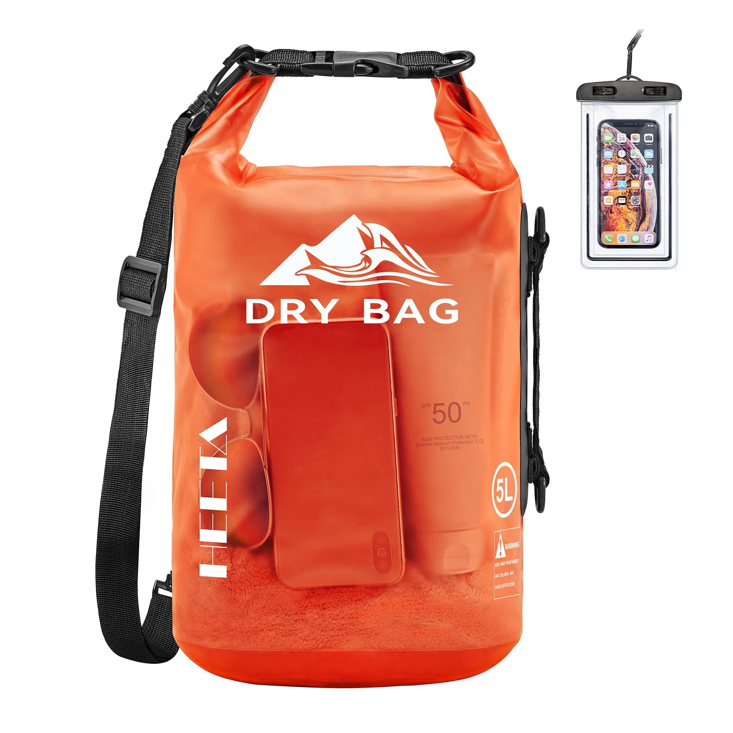 HEETA Dry Bag Waterproof for Women Men, Roll Top Lightweight Dry Storage Bag Backpack with Phone Case for Travel Swimming Boating Kayaking Paddle Board Camping Beach Accessories (Orange, 30L)