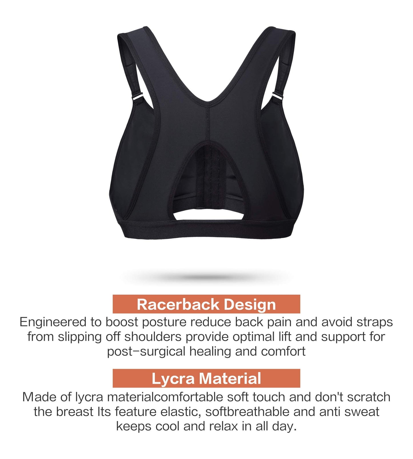SHAPERX Women's Post-Surgical Front Closure Sports Bra Adjustable Wide Strap Racerback Support Bra,SZ83288-Black-L