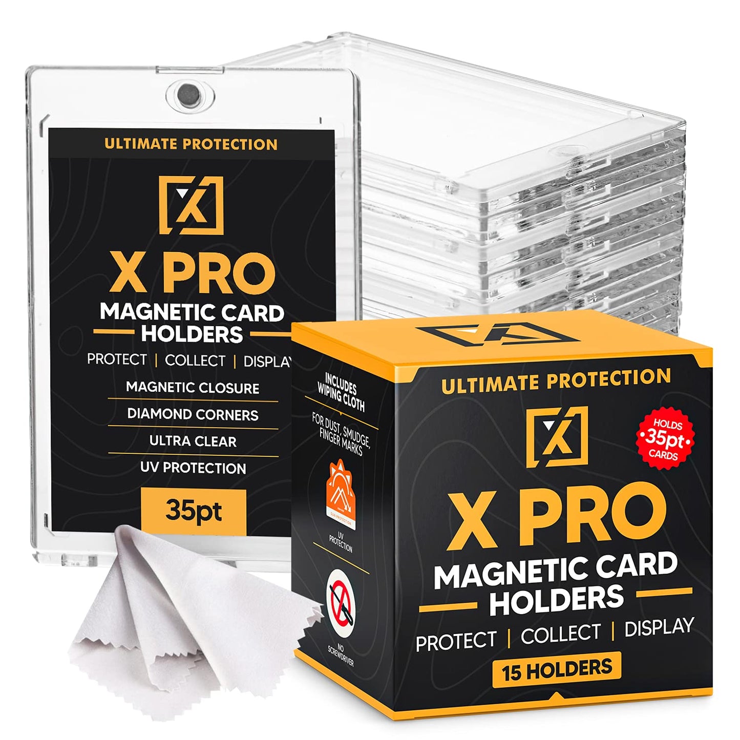 X PRO 35PT Magnetic Card Holder [15/25 Pack] - One Touch Card Holder | Trading Card Protectors | Baseball Card Protectors | Trading Card Case | Cleaning Cloth Included