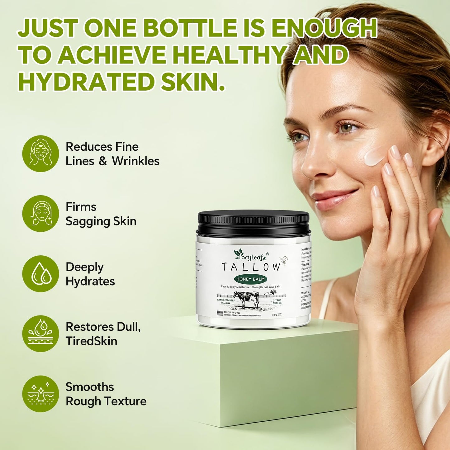 LOCYLEAF Beef Tallow for Skin, Organic Grass-Fed Beef Tallow Balm with Raw Honey, Natural Tallow Skin Care Cream Body Butter, Nourish and Soothe Dry Skin, Light Scent, Made in USA（4 Oz）