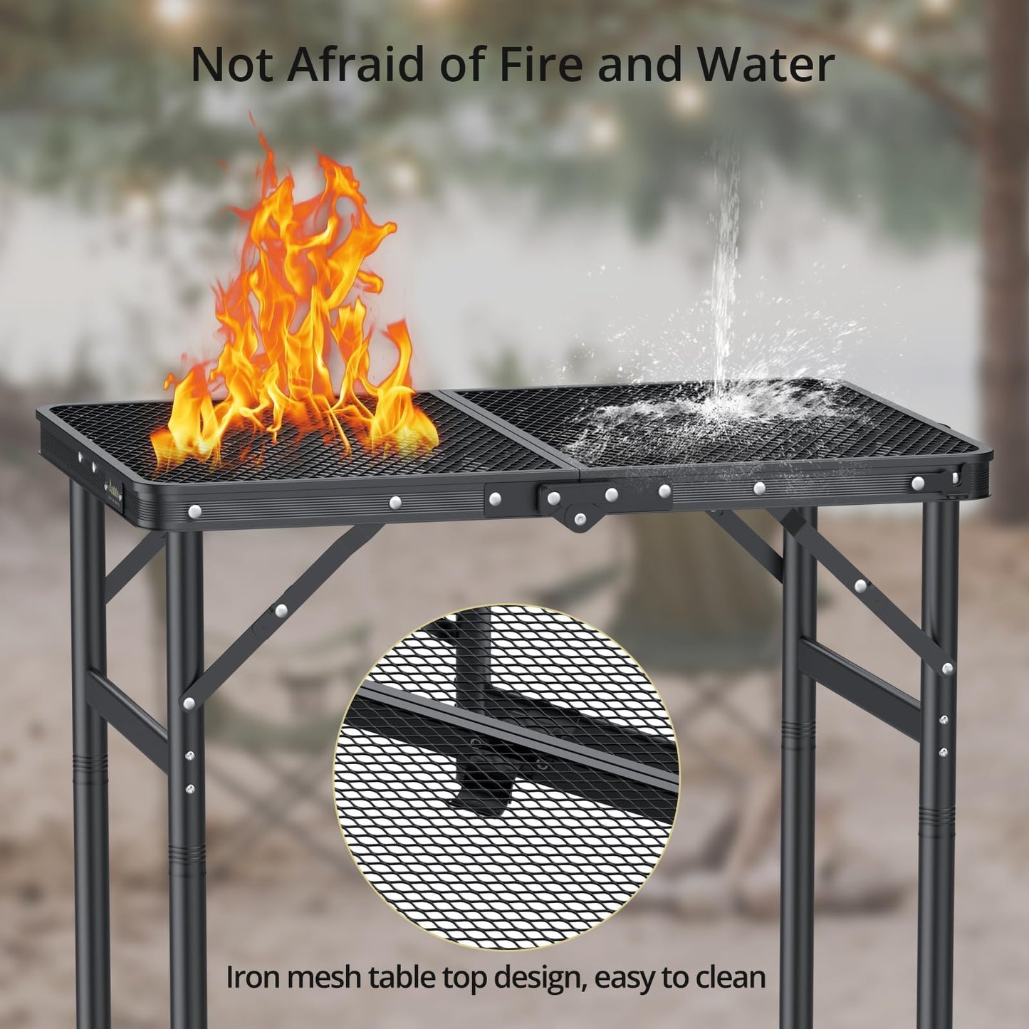 Anbte 2ft Folding Grill Table Max 29.5", 3 Adjustable Height Lightweight Camping Table with Heat-Resistant Mesh Tabletop Portable Handle, Waterproof, for Cooking BBQ Outdoor, 22.8" X 16", Black