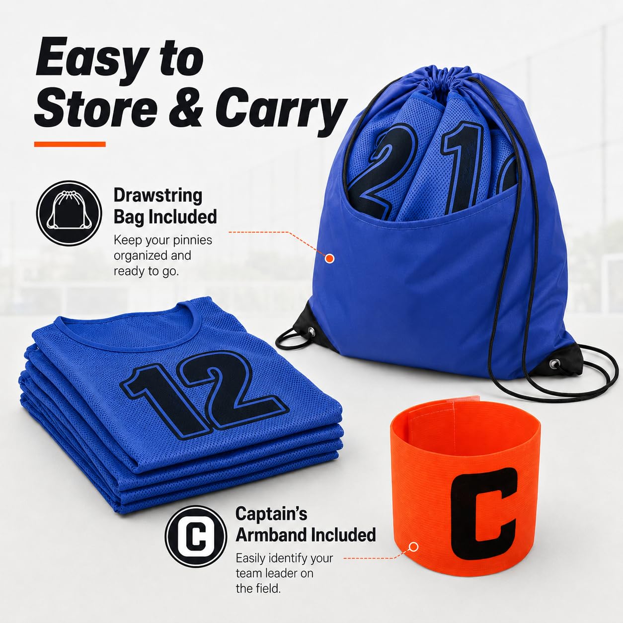 TOEPODO Pinnies Set of 12 Scrimmage Vests Soccer Bibs Sports Pinnies Team Practice Jerseys for Youth & Kids with Drawstring Bag & Captain's Armband（Blue）
