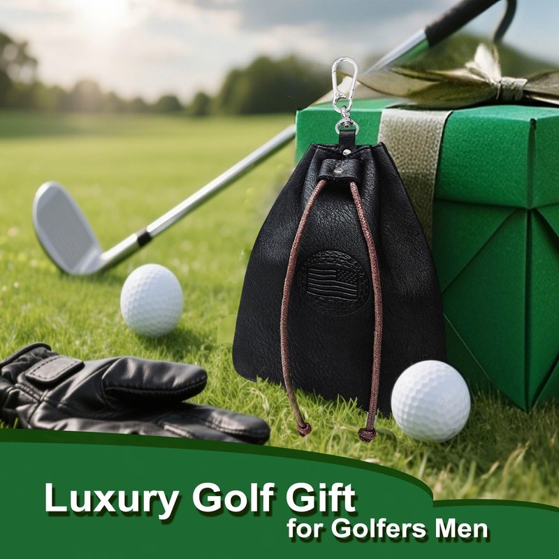 iSamzan Real Leather Golf Tee Bag: USA Golf Ball Bag Pouch with Drawstrings Valuables Pouch for Men - Cool Funny Gifts for Him Golfers Men (Black)