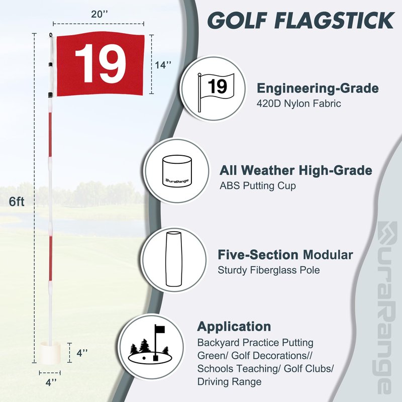 DuraRange Golf Flagstick 6ft, 5-Section Design, ABS Hole Cup, 420D Nylon Flag for Backyard Practice Putting Green | Driving Range | Country Club, Gift Idea, the 19th Hole Flag