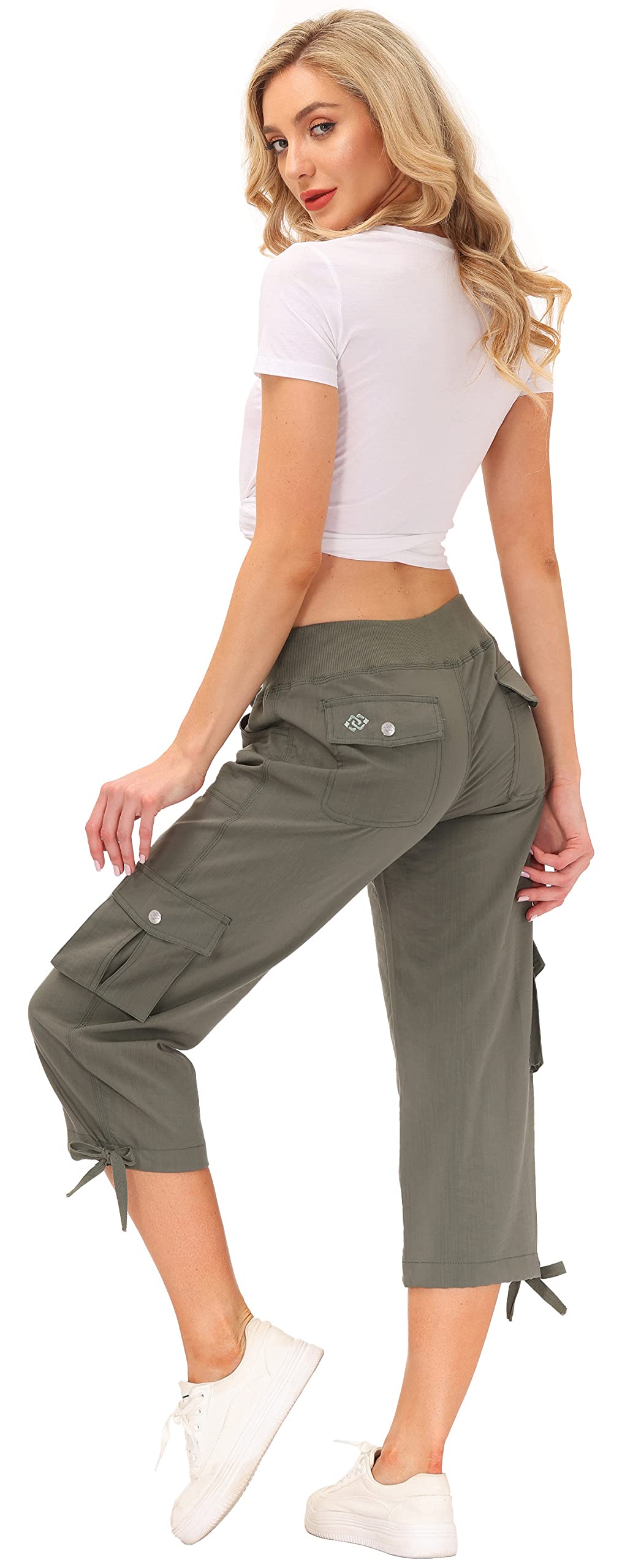 MoFiz Women's Cargo Capris Hiking Pants Lightweight Quick Dry Running Outdoor Casual Shorts Button Pockets UPF 50+ Army Green 2XL