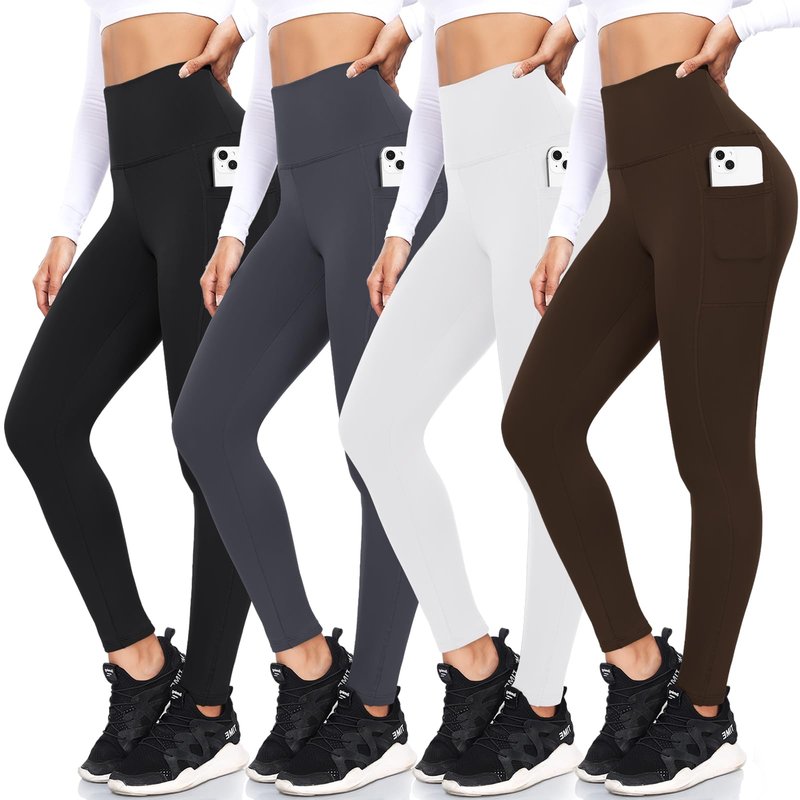 FULLSOFT 4 Pack Fleece Lined Leggings with Pockets for Women High Waisted Thermal Winter Warm Yoga Pants for Workout Running Plus Size(Black,Grey,Brown,White(4 Pack),Large-X-Large)