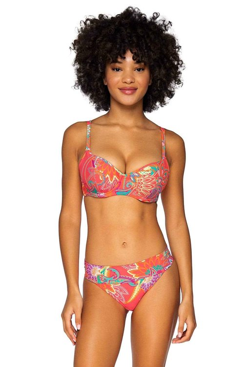 Sunsets Carmen Bikini Top, Isaland Bliss, Orange Floral Print Bathing Suit Top, 32D/34C