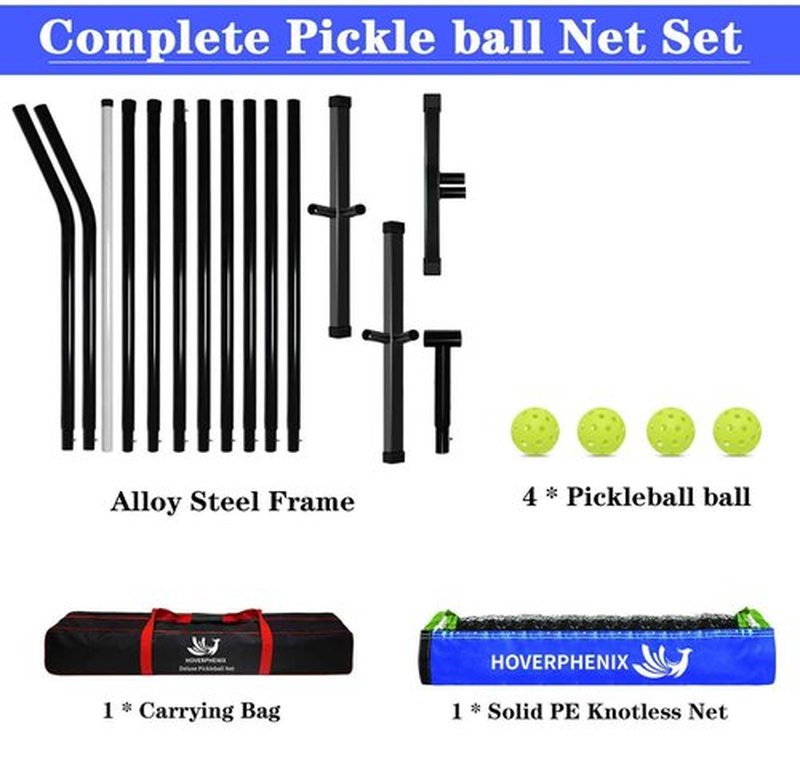 Hoverphenix Pickleball Net for Driveway with 22FT Regulation Size Pickleball Net, 4 Outdoor Pickleballs and Carry Bag, Weather Resistance Strong Steel Frame