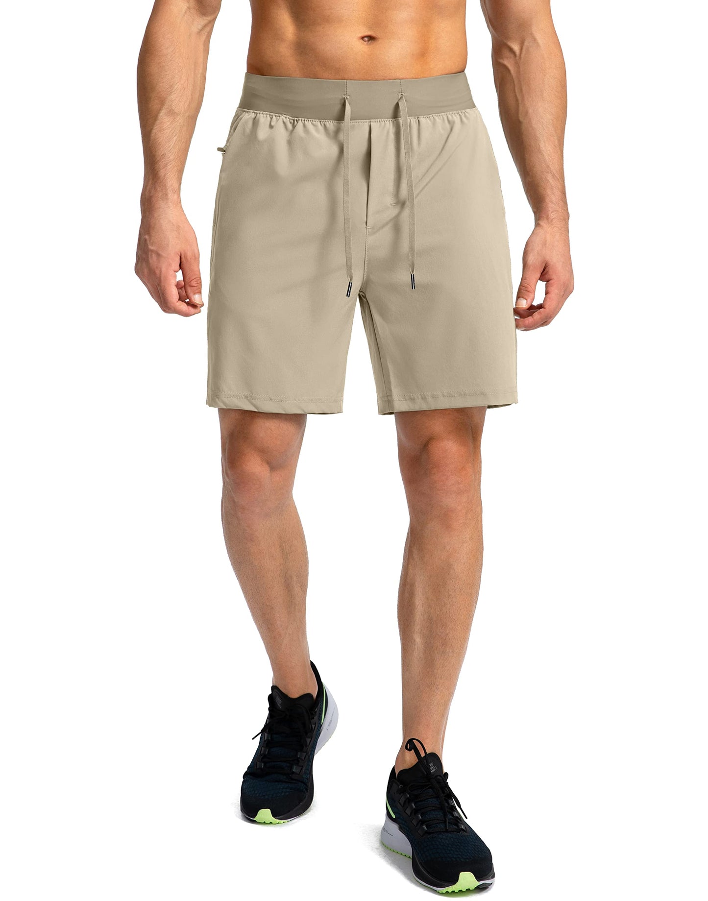 Soothfeel Men's Running Shorts with Zipper Pockets 7 Inch Lightweight Quick Dry Gym Athletic Workout Shorts for Men (Khaki, XS)