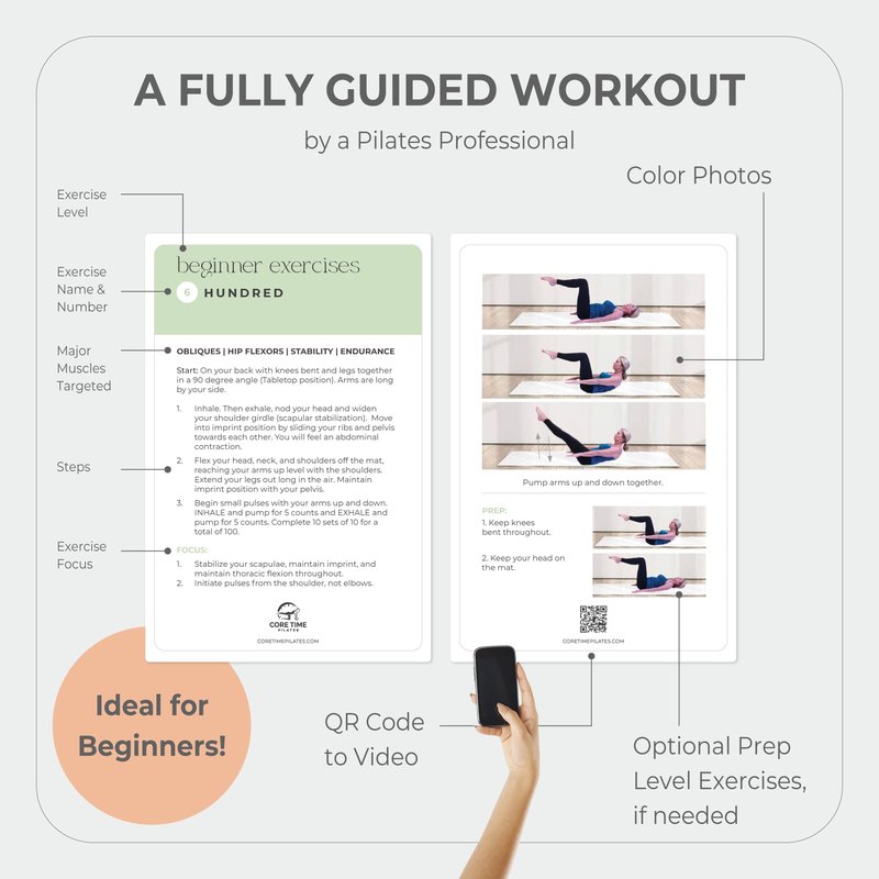 52 Premium Pilates Cards - 40 Pilates exercises- Led by Stott Pilates Certified Instructor- Detailed photos- Video Instructions - Do Pilates at Home- No equipment needed.