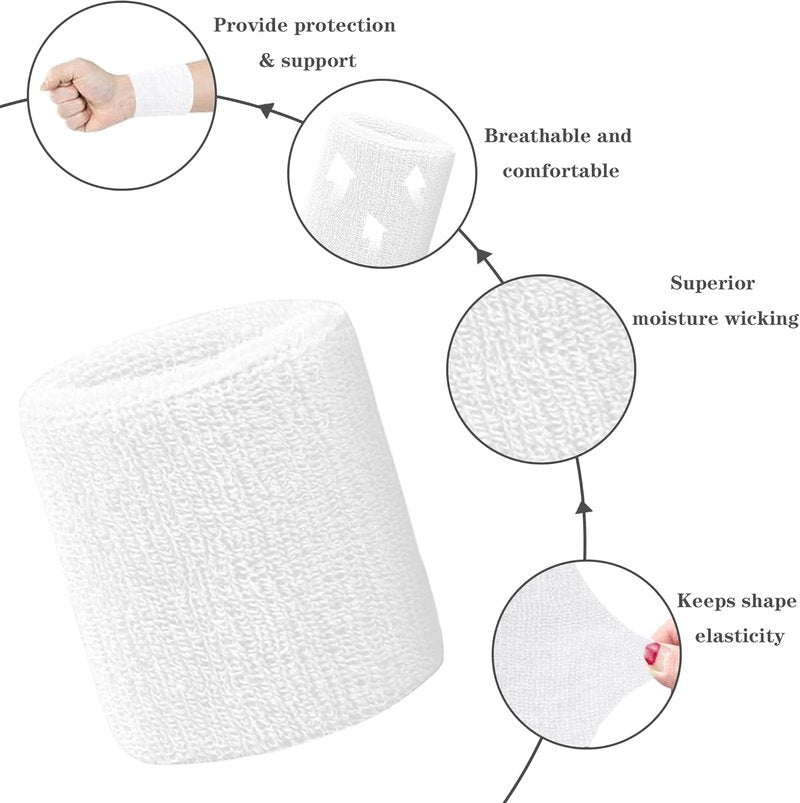 Moisture-Wicking Sweatbands for Men & Women - 6 Pack Athletic Cotton Terry Cloth Wristbands | Ideal for Tennis, Basketball, Running, Gym - White